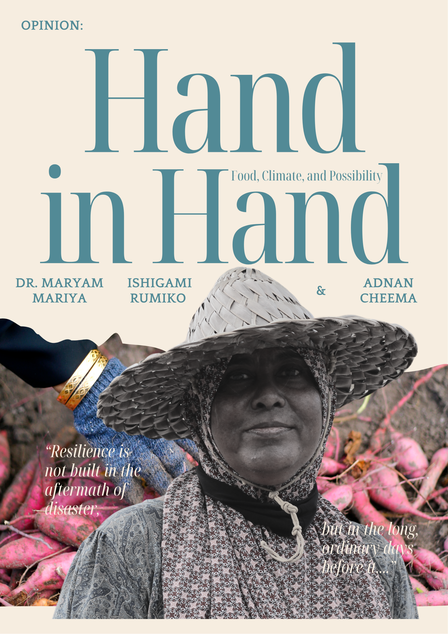 Magazine cover Hand in Hand, teal title, many hands surround a central figure.
