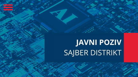 Blue map background with dark blue banner JAVNI POZIV SAJBER DISTRIKT and a red right stripe.