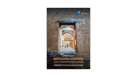 Poster featuring a carved wooden door set in a stone arch with blue sky; title Bridging Divides.