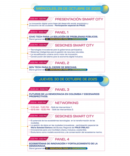 Two stacked pink schedule panels with yellow borders on a blue backdrop.