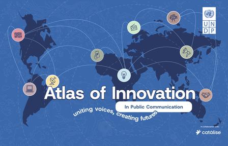 World map graphic with glowing, interconnected nodes; Atlas of Innovation in Public Communication.