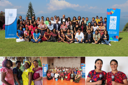 Group photo of diverse people outdoors on grass with banners; indoor scenes in collage.