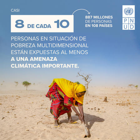 Poster about poverty and climate risk; person in a desert with a colorful cloth, UNDP logo.