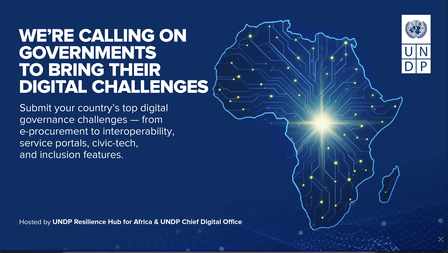 Blue map of Africa with glowing network lines and UNDP logo, promoting digital challenges.
