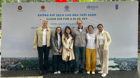 A group photo at the “Clean Air for a Blue Sky” event in downtown Hanoi, Viet Nam