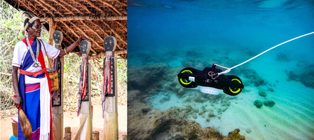 Triptych: left, robes at a wooden doorway; middle, underwater swimmer; right, turquoise diver.