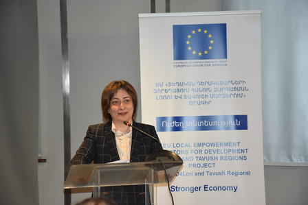 Photograph: woman in blazer speaks at a podium, an EU banner in the background.