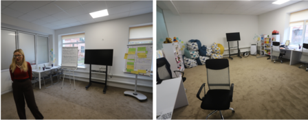 Training room collage: presenter by whiteboard and screen; chairs and posters.