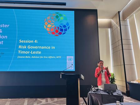 Photograph of a speaker at a podium delivering a presentation beside a slide with a globe graphic.