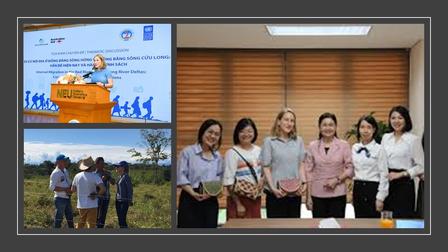 Collage of three photos: outdoor group with banner; speaker at podium; smiling group indoors.