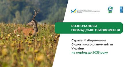 Photograph of a deer in a sunlit meadow; right: Ukrainian banner with text and logos.