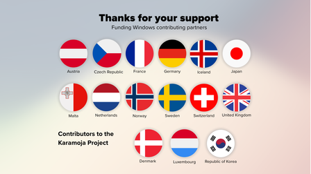 Graphic banner with thanks for your support and circular flags representing contributors.