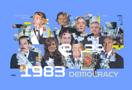 Poster collage of political figures on a blue background with 1983 DEMOCRACY.