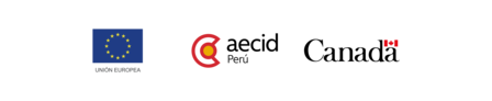 EU flag on left, red circular logo in middle, small red square logo on right on black background