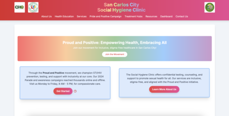 Red header with language icons, gradient hero banner, two light-blue info cards with pink buttons.
