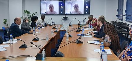 Photograph of a boardroom meeting with people around a long table; video conference on screen.