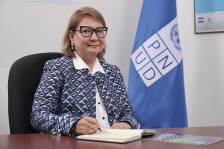 Woman at desk writing in an office, notebook in front, with a blue PNUD flag in the background.