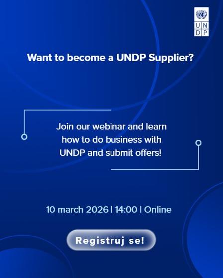 Blue promotional banner inviting to become a UNDP supplier; webinar date and a Register button.