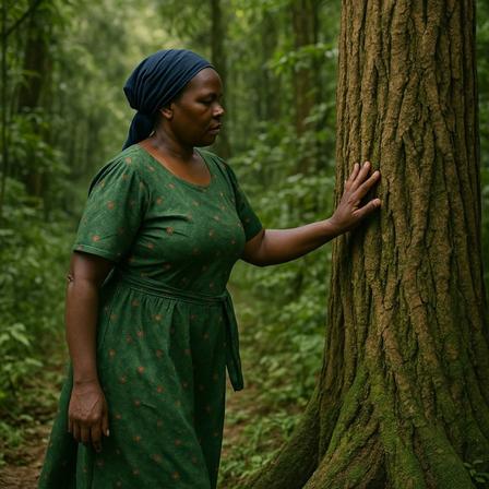 Berna Chebet stands by a tree in a forest.