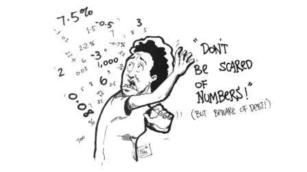 Line drawing of a person surrounded by numbers, raising an arm with the words 'Don't be scared'.
