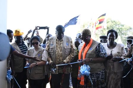 Ms. Jihee Ahn (right) - KOICA Country Director, Hon. Peter Lokeris (middle) - Minister for Karamoja Affairs, and Ms. Nwanne Vwede Obahor (left) - UNDP Resident Representative together launch the Timu Community Police Station in Kaabong district.