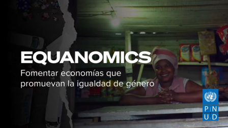 Equanomics banner promoting gender equality; market scene with vendor; PNUD logo.