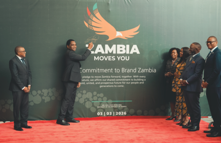 Group of formally dressed people on a red carpet before a green backdrop reading Zambia Moves You.
