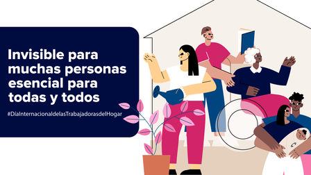 Diverse group with a wheelchair user and helpers beside a blue Spanish text banner in a home setting.