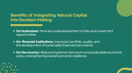 Teal slide with green accents outlining benefits of integrating natural capital into decision-making.