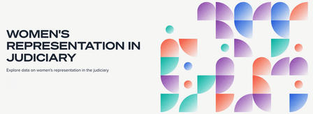 Poster titled Women's Representation in Judiciary with bright geometric shapes on the right.