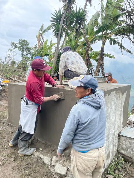 Three workers in casual clothes build a concrete wall beside a tropical beach with palm trees.