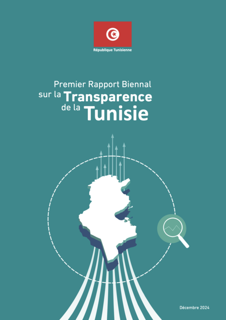 Cover of Tunisia Transparency Report with Tunisian flag, teal background, and map outline of Tunisia.