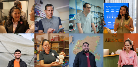 Nine diverse participants of a program, each in a different setting.