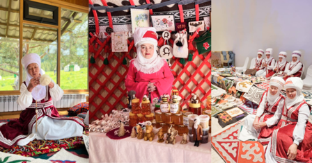 Three-panel Christmas display with Santa figures, cozy living room scene and gift shelves.