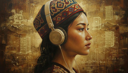 Person wearing patterned headscarf and headphones, face obscured by a square, cityscape backdrop.