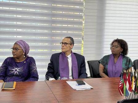 Photograph of three professionals at a conference table, wearing purple; flags on the desk.