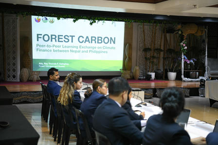 Business meeting in a conference room with a slide reading FOREST CARBON.