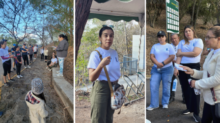 Triptych: hikers on a forest path; woman speaks into a microphone; certificate presentation.