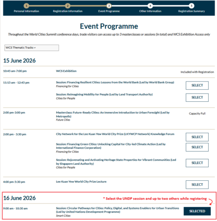 Screen capture of the Event Programme webpage that is a part of the WCS registration process, with a call out to select the UNDP session on 16 June 2026, 9am to 10.30am.