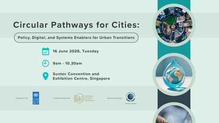 Event banner for Circular Pathways for Cities: Policy, Digital, and Systems Enablers for Urban Transitions with three circular frames on the right.
