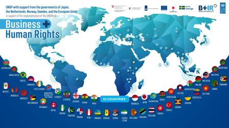 Blue world map backdrop with a curved row of country flags along the bottom and Business & Human Rights text.