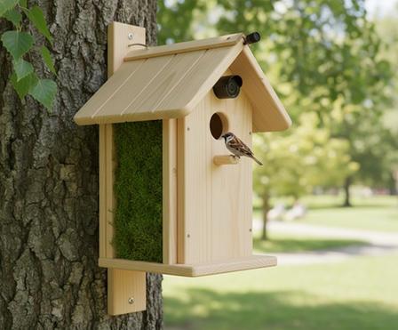Wooden birdhouse mounted on a tree, with two small birds at the entrance.