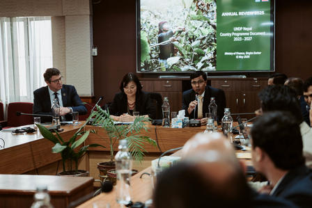 Professionals in a boardroom around a long table; a presentation screen shows a forest image.