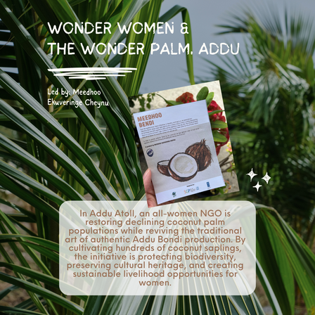 Poster on tropical palm leaves advertising Wonder Women &amp; the Wonder Palm Addu, with a small photo and text.