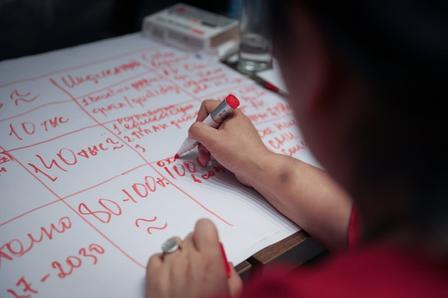 Student writes numbers and equations with a red marker on white paper at a desk.