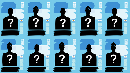 Grid of blue person silhouettes, each with a white question mark.