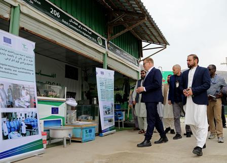 Group of suited men walking past a building with green trim and banner displays.