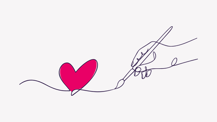 Minimalist line drawing of a hand sketching a pink heart with a curved line.