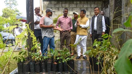 Group of men standing outside behind a rack of seedling pots.