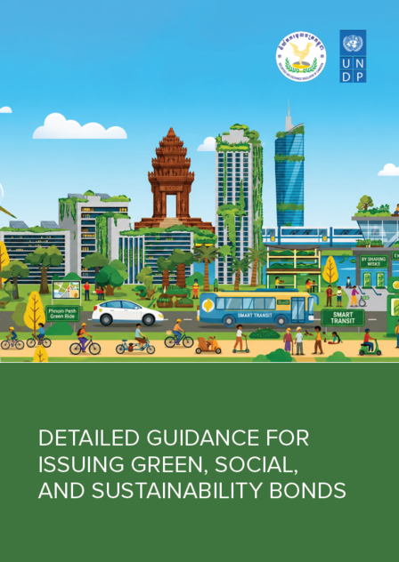 Colorful cityscape poster with a pagoda, modern buildings, people, and a green bonds banner.